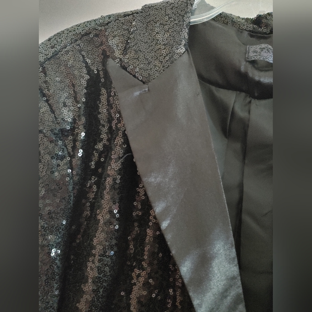 Black Sequin Tuxedo Jacket Polyester Lining 2xl - image 2